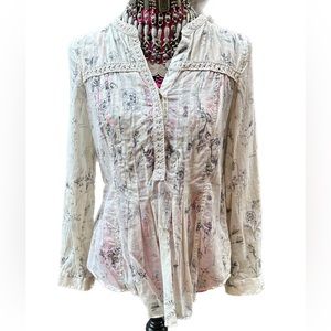 Anthropologie Maeve Blouse Beige Gray Floral Flowers Size 2